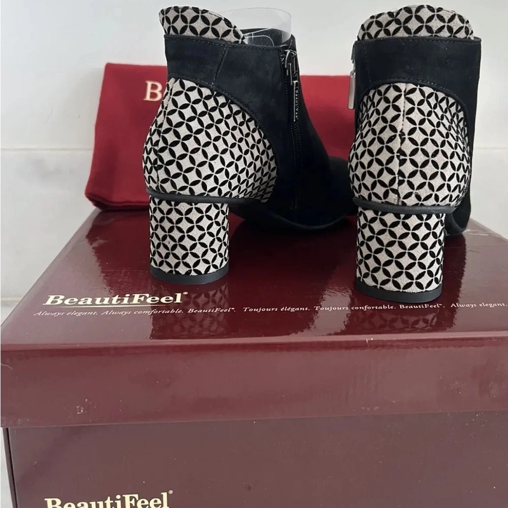 BeautiFeel Women's Dyna Bootie Black Suede Block Heel Grey Velvet Mosaic Zip 36